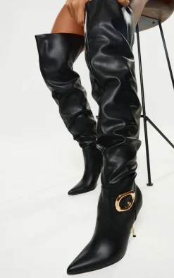 PrettyLittleThing Over The Knee Boots*PU Gold Buckle Point Toe High Stiletto Over The Knee Boots