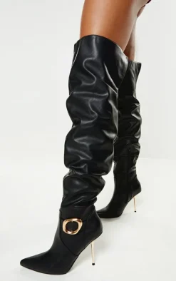 PrettyLittleThing Over The Knee Boots*PU Gold Buckle Point Toe High Stiletto Over The Knee Boots
