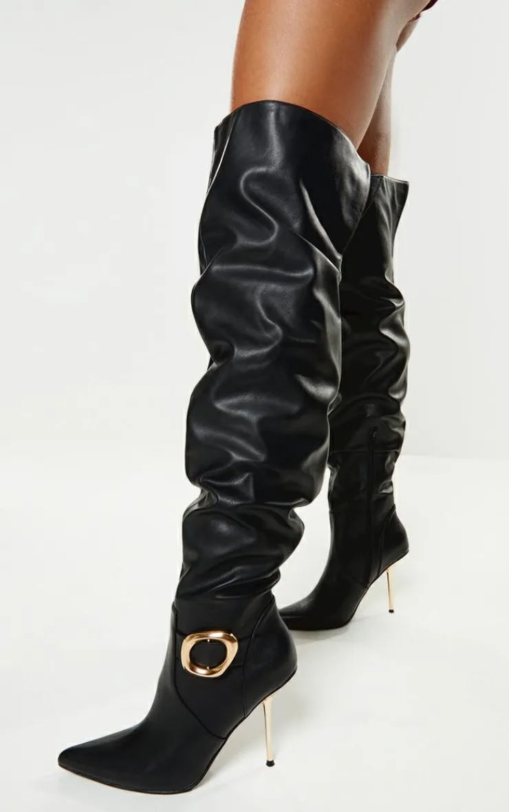 PrettyLittleThing Over The Knee Boots*PU Gold Buckle Point Toe High Stiletto Over The Knee Boots