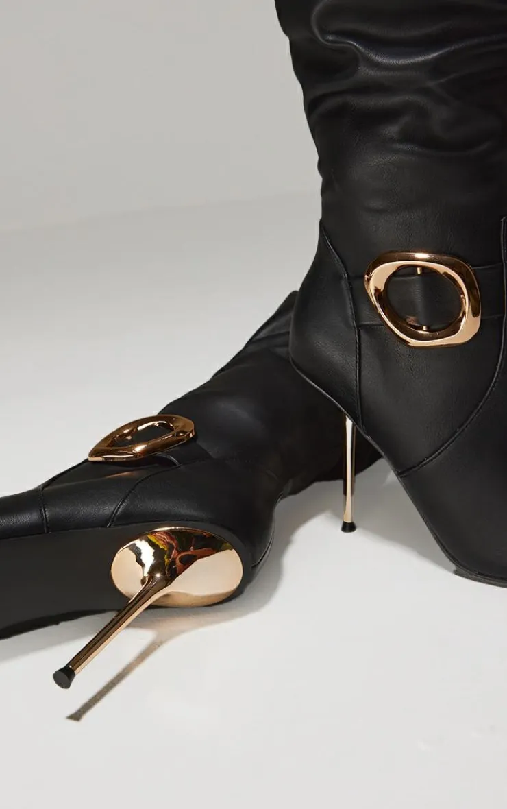 PrettyLittleThing Over The Knee Boots*PU Gold Buckle Point Toe High Stiletto Over The Knee Boots
