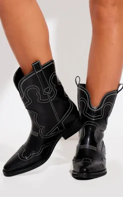 PrettyLittleThing Black Boots*PU Point Toe Ankle Western Boots