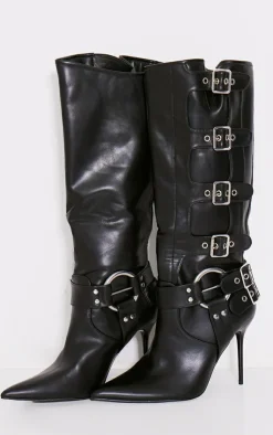 PrettyLittleThing High Heels*Pu Point Toe Buckle Detail Knee High Heeled Boots
