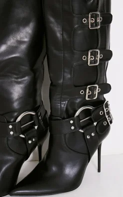 PrettyLittleThing High Heels*Pu Point Toe Buckle Detail Knee High Heeled Boots
