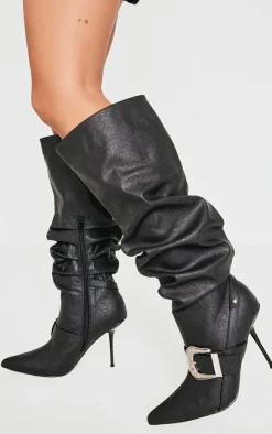 PrettyLittleThing Knee High Boots*Pu Point Toe Buckle Knee High Stiletto Heeled Boots