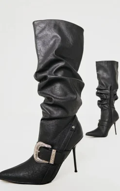 PrettyLittleThing Knee High Boots*Pu Point Toe Buckle Knee High Stiletto Heeled Boots