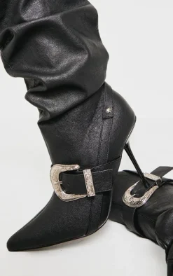 PrettyLittleThing Knee High Boots*Pu Point Toe Buckle Knee High Stiletto Heeled Boots