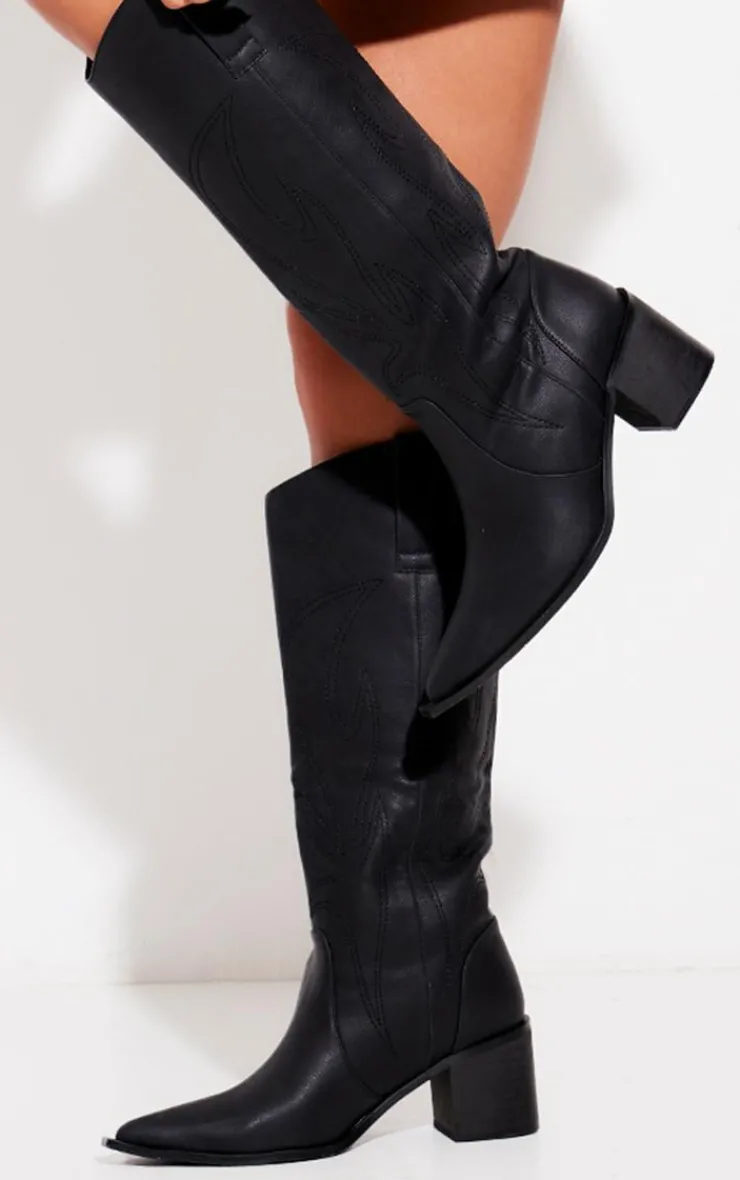 PrettyLittleThing Black Boots*Pu Point Toe Calf Western Boots