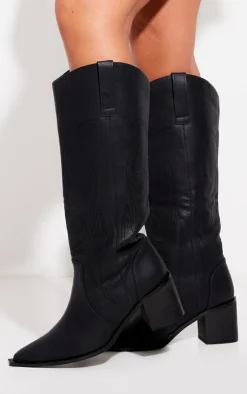 PrettyLittleThing Black Boots*Pu Point Toe Calf Western Boots