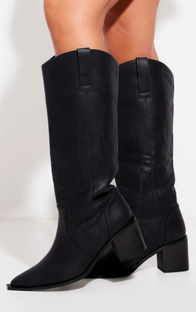 PrettyLittleThing Black Boots*Pu Point Toe Calf Western Boots