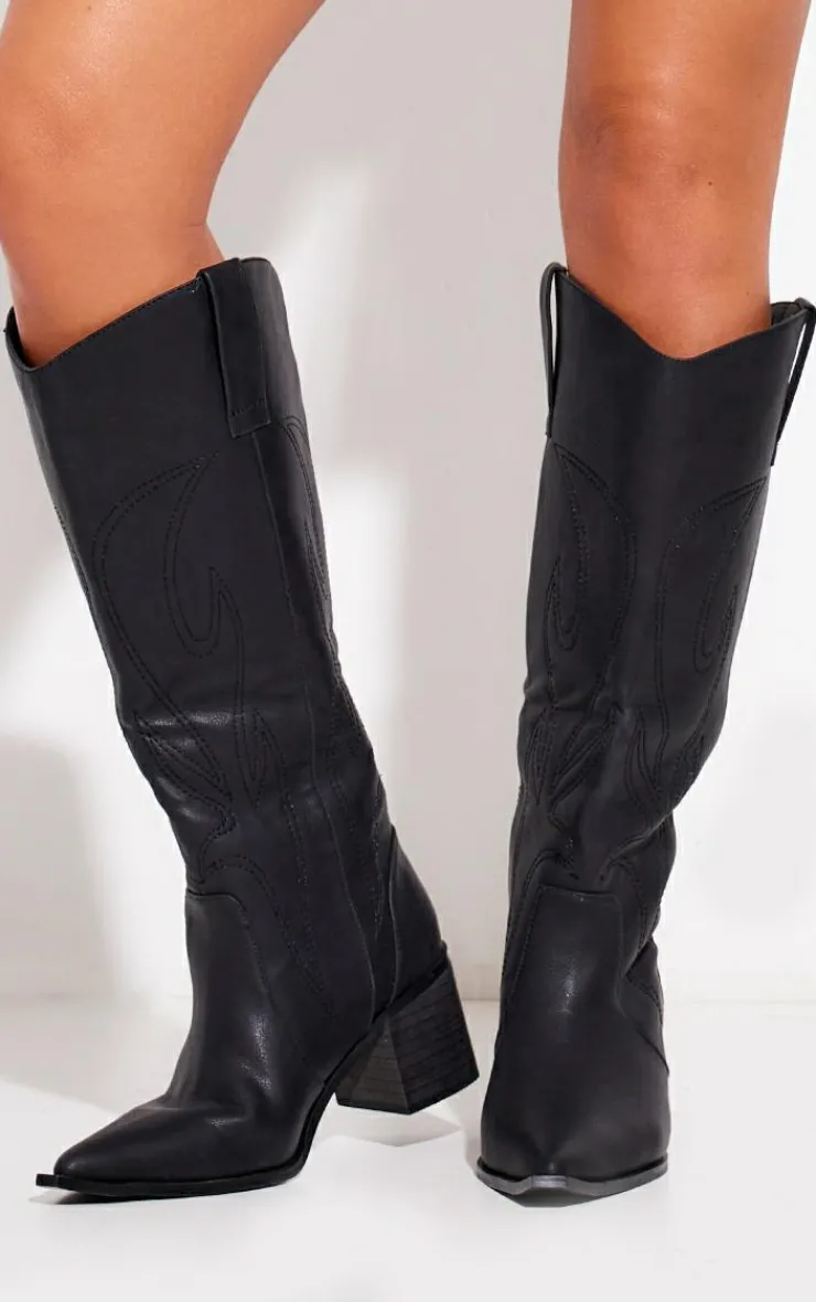 PrettyLittleThing Black Boots*Pu Point Toe Calf Western Boots