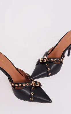 PrettyLittleThing Mules*PU Point Toe Eyelet Heeled Mules