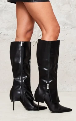 PrettyLittleThing Knee High Boots*PU Point Toe Fold Over Zip Detail High Stiletto Heeled Boots