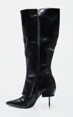 PrettyLittleThing Knee High Boots*PU Point Toe Fold Over Zip Detail High Stiletto Heeled Boots