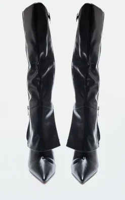 PrettyLittleThing Knee High Boots*PU Point Toe Fold Over Zip Detail High Stiletto Heeled Boots