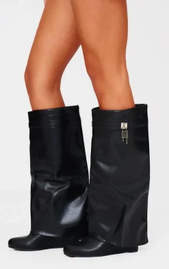 PrettyLittleThing Knee High Boots*PU Point Toe Fold Over Lock Charm Wedge Heeled Knee Boots