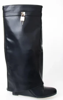 PrettyLittleThing Knee High Boots*PU Point Toe Fold Over Lock Charm Wedge Heeled Knee Boots