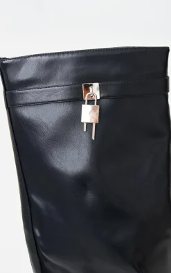 PrettyLittleThing Knee High Boots*PU Point Toe Fold Over Lock Charm Wedge Heeled Knee Boots