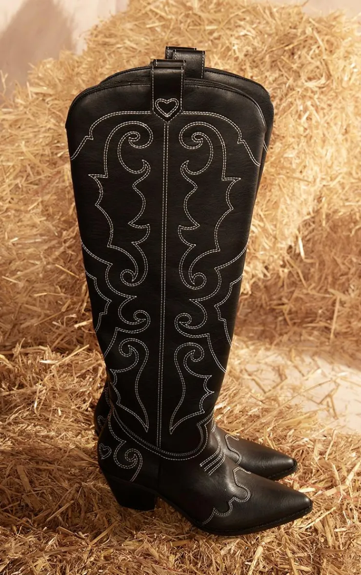 PrettyLittleThing High Heels*PU Point Toe Heart Stitched Western Knee High Heeled Boots
