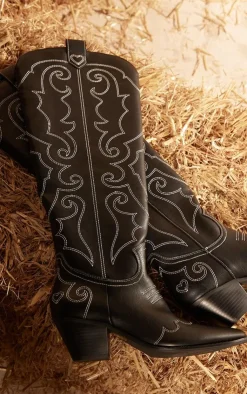 PrettyLittleThing High Heels*PU Point Toe Heart Stitched Western Knee High Heeled Boots