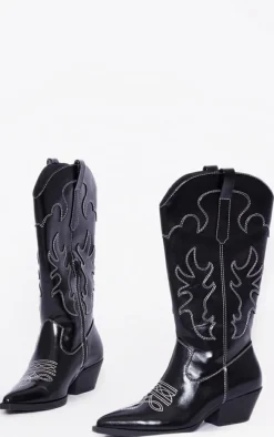 PrettyLittleThing Low Heels*Pu Point Toe Low Block Heel Stitched Western Boots