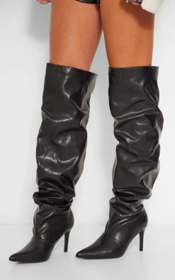 PrettyLittleThing High Heels*PU Point Toe Ruched Knee High Stiletto Heeled Boots