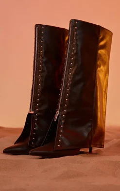 PrettyLittleThing Knee High Boots*PU Point Toe Silver Stud Fold Over High Stiletto Heeled Boots