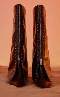 PrettyLittleThing Knee High Boots*PU Point Toe Silver Stud Fold Over High Stiletto Heeled Boots