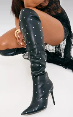 PrettyLittleThing Over The Knee Boots*PU Point Toe Silver Stud Over The Knee High Stiletto Heeled Boots