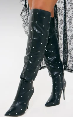 PrettyLittleThing Over The Knee Boots*PU Point Toe Silver Stud Over The Knee High Stiletto Heeled Boots
