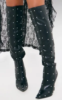 PrettyLittleThing Over The Knee Boots*PU Point Toe Silver Stud Over The Knee High Stiletto Heeled Boots