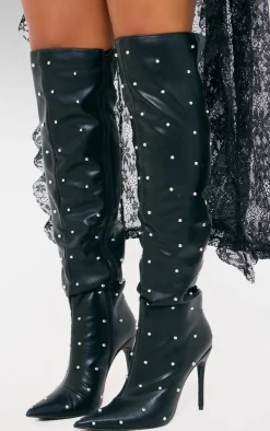 PrettyLittleThing Over The Knee Boots*PU Point Toe Silver Stud Over The Knee High Stiletto Heeled Boots