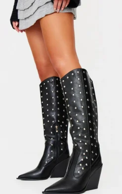 PrettyLittleThing Knee High Boots*PU Point Toe Silver Stud Knee High Block Heel Western Boots
