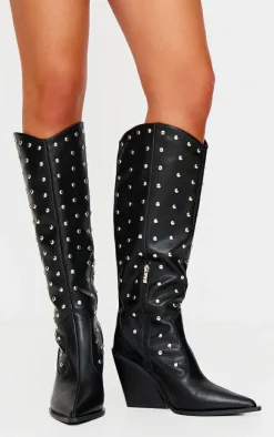 PrettyLittleThing Knee High Boots*PU Point Toe Silver Stud Knee High Block Heel Western Boots