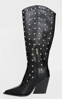 PrettyLittleThing Knee High Boots*PU Point Toe Silver Stud Knee High Block Heel Western Boots