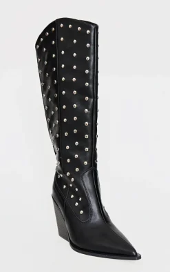PrettyLittleThing Knee High Boots*PU Point Toe Silver Stud Knee High Block Heel Western Boots