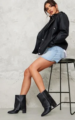 PrettyLittleThing Heeled Boots*PU Point Toe Studded Fold Over Block Heel Ankle Boots