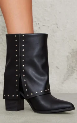PrettyLittleThing Heeled Boots*PU Point Toe Studded Fold Over Block Heel Ankle Boots