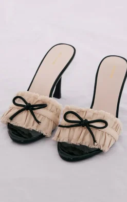 PrettyLittleThing Mules*Pu Round Toe Bow Detail Frill Strap Heeled Mules