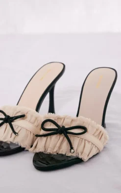 PrettyLittleThing Mules*Pu Round Toe Bow Detail Frill Strap Heeled Mules