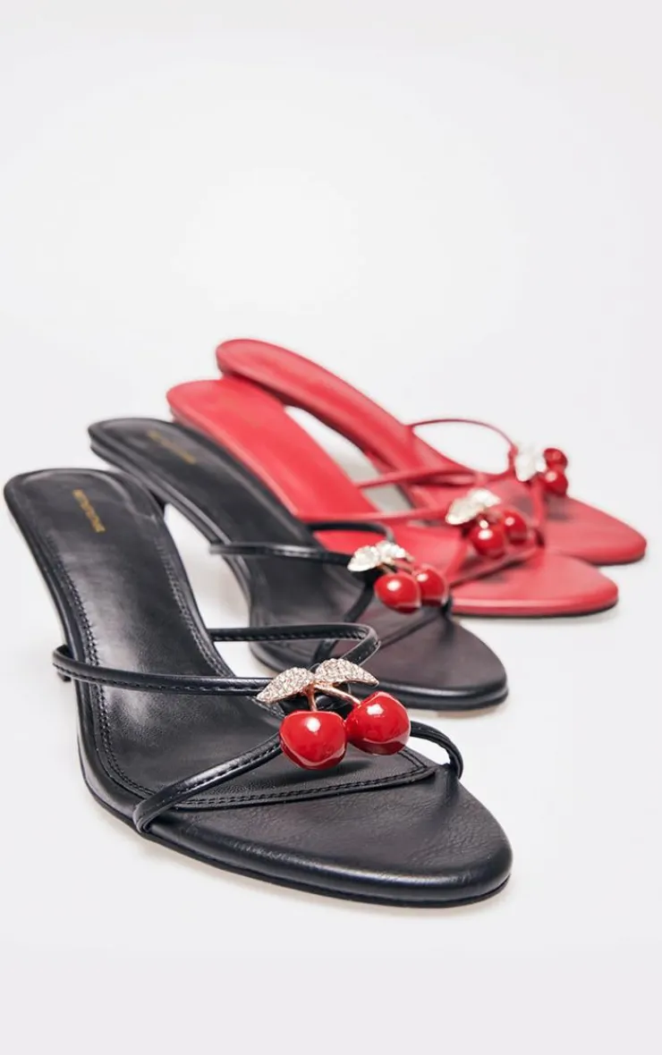 PrettyLittleThing Mules*PU Round Toe Cherry Trim Heeled Mules