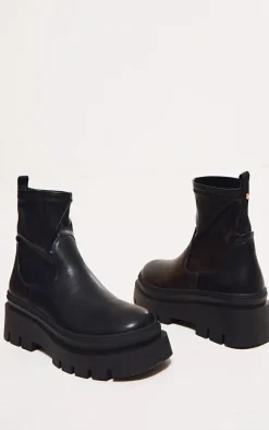 PrettyLittleThing Platforms*PU Round Toe Chunky Platform Sock Ankle Boots