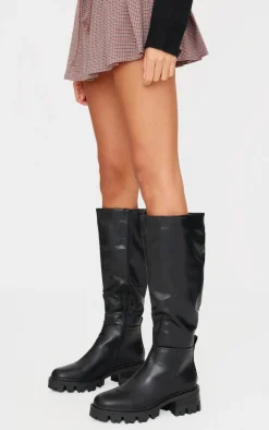 PrettyLittleThing Heeled Boots*Pu Round Toe Chunky Sole Knee High Boots