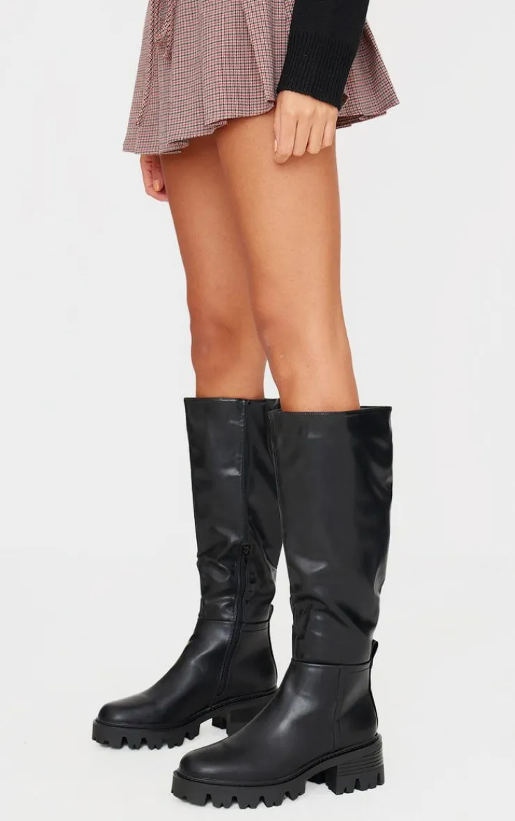 PrettyLittleThing Heeled Boots*Pu Round Toe Chunky Sole Knee High Boots