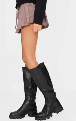 PrettyLittleThing Heeled Boots*Pu Round Toe Chunky Sole Knee High Boots