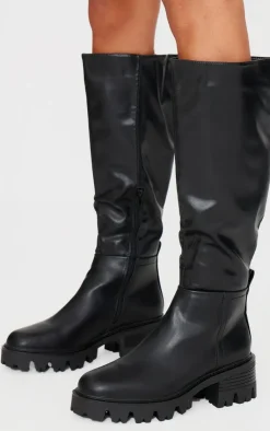 PrettyLittleThing Heeled Boots*Pu Round Toe Chunky Sole Knee High Boots