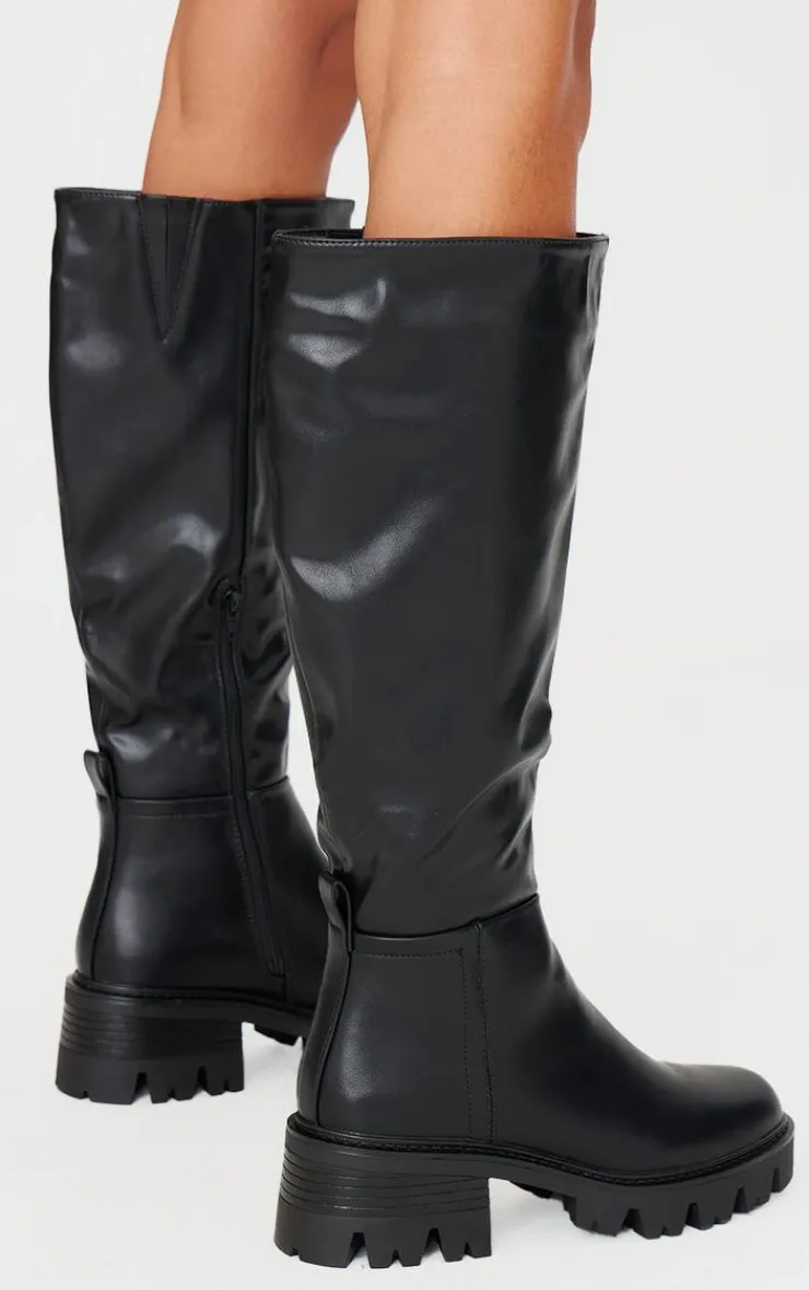 PrettyLittleThing Heeled Boots*Pu Round Toe Chunky Sole Knee High Boots