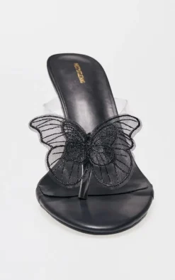 PrettyLittleThing Mules*PU Round Toe Clear Strap Butterfly Heeled Mules