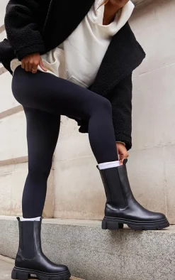 PrettyLittleThing Black Boots*PU Round Toe Cleated Chunky Sole Ankle Boots