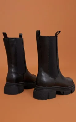 PrettyLittleThing Black Boots*PU Round Toe Cleated Chunky Sole Ankle Boots