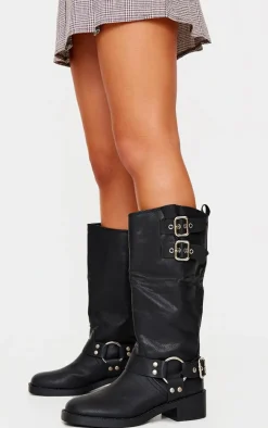 PrettyLittleThing Knee High Boots*PU Round Toe Double Buckle Knee High Boots